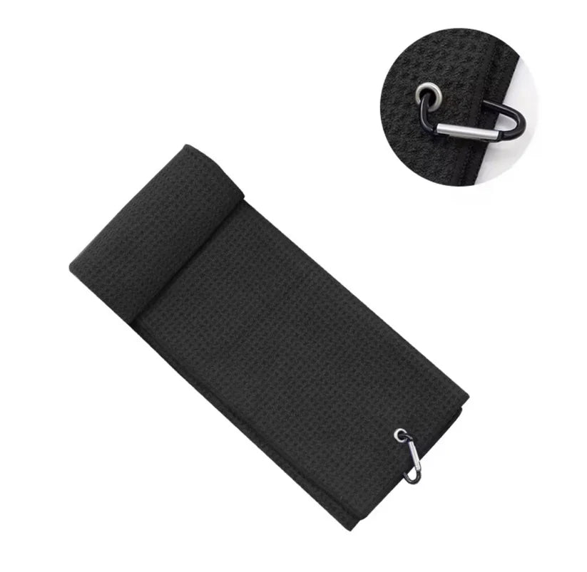 Premium Black Tri-Fold Golf Towel with Carabiner Clip